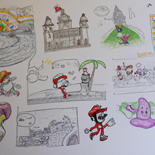 Storyboard with sketches of characters and locations, teasing the captivating storyline of Mario Odyssey 2.