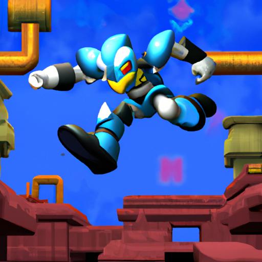 Megaman in action, leaping and firing his arm cannon.