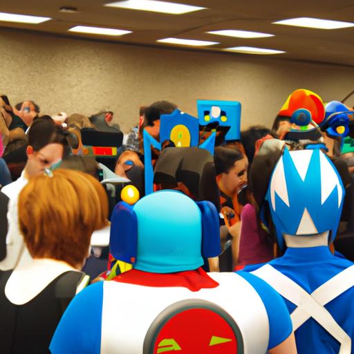 Cosplayers dressed as Megaman characters at a gaming convention.