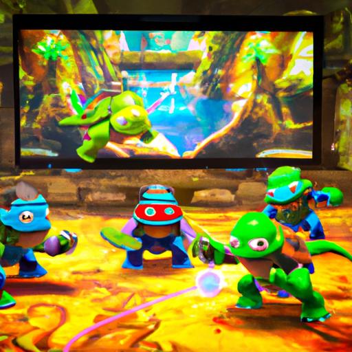 The four Ninja Turtles unleashing their martial arts skills in the intense gameplay of Ninja Turtles Switch.