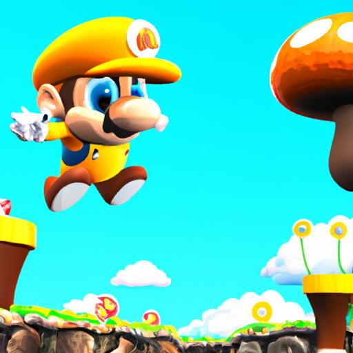 Experience the exhilarating gameplay of Super Mario Bros U as Mario soars through the air with the Flying Squirrel Suit.