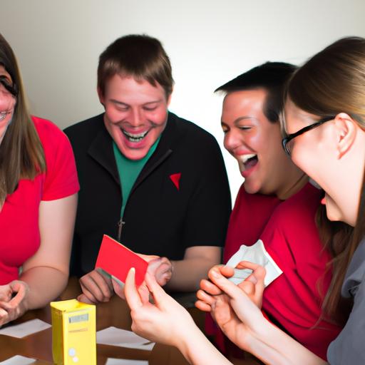 Friends laughing and enjoying a game of Exploding Kittens.