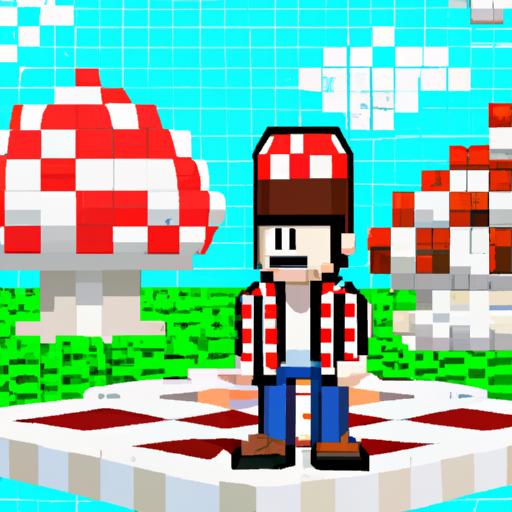 Minecraft character dressed as Mario exploring the pixelated Mushroom Kingdom.